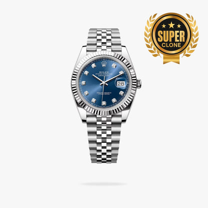 [Super Clone] Regency Classic Date 41 mm Timeless Fluted Bezel Bright blue set with diamonds Dial 126334 6118