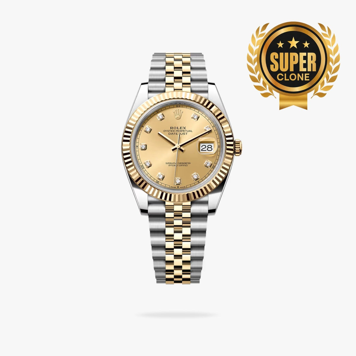[Super Clone] Regency Classic Date 41 mm Five-Link Fluted Bezel Champagne colour set with diamonds Dial 126333 7368