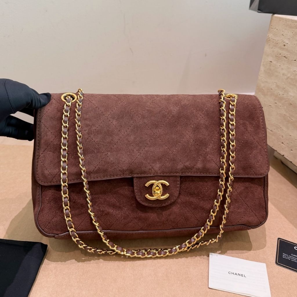 Maxi Flap Bag Suede Gold Metal Dark Brown 32cm AS6281 B24009 UA850 22 New Collection Bag Flap Bag