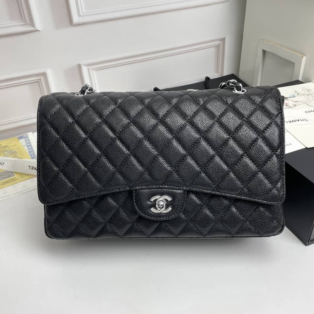 Maxi Classic Handbag Grained Leather Sliver Hardware Black 33cm 22 New Collection Bag Flap Bag