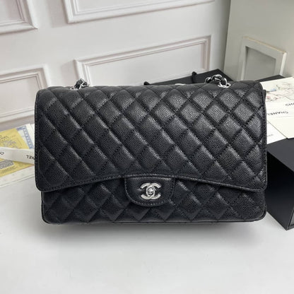 Maxi Classic Handbag Grained Leather Sliver Hardware Black 33cm 22 New Collection Bag Flap Bag