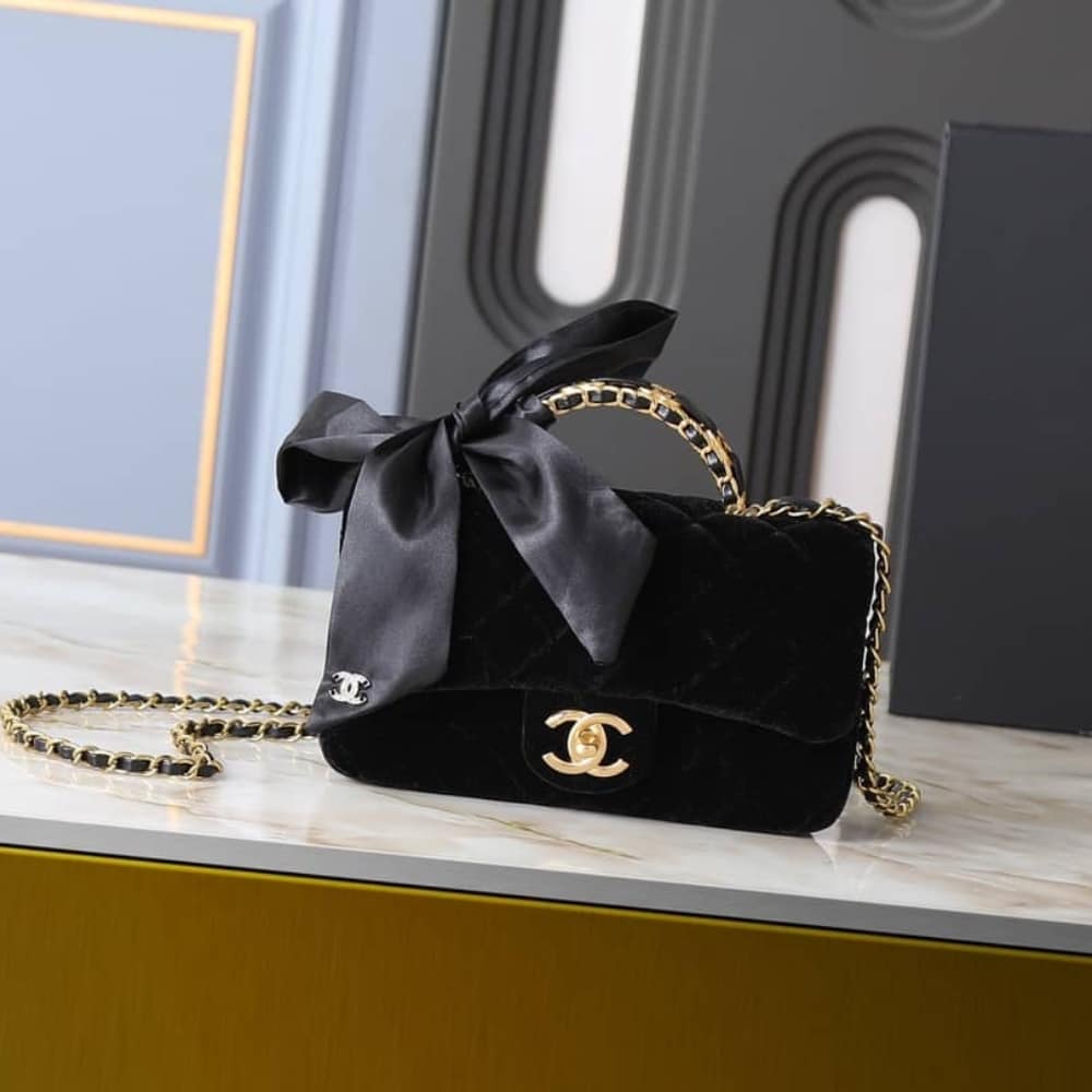 Classic Mini Velvet Top Handle Bag Black 20cm AS5875 B22481 94305 Classic Bag
