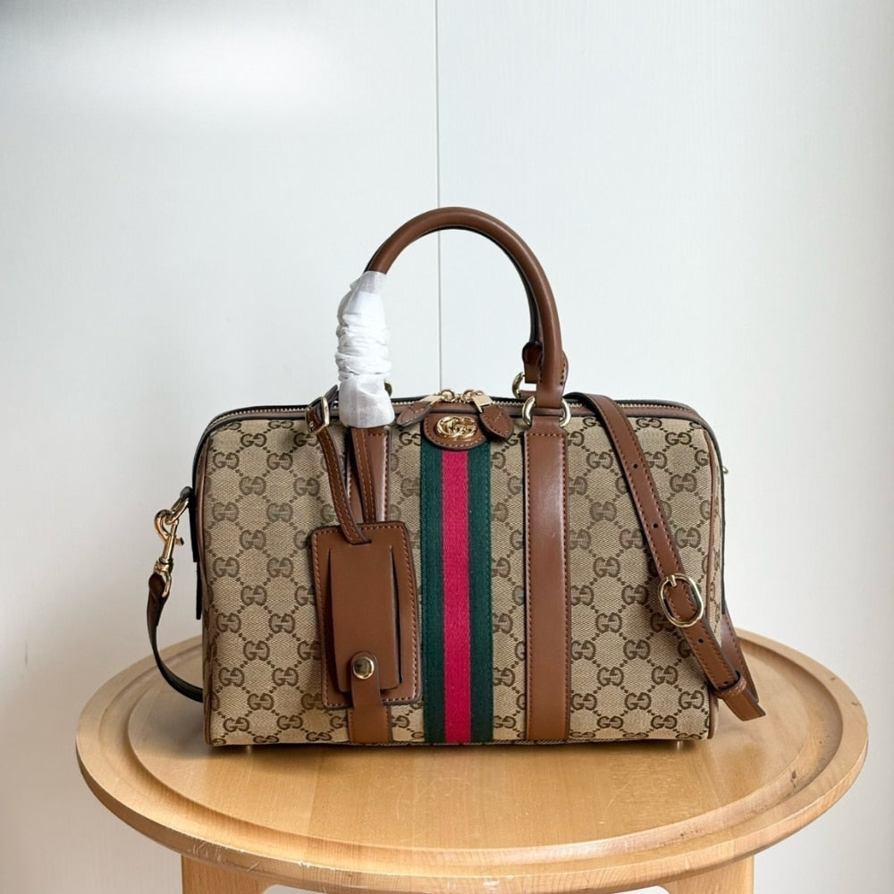 Ophidia Medium GG Monogram Canvas Boston Bag Beige And Brown 30Cm ‎857595 FAFUF 9870 OPHIDIA Bag