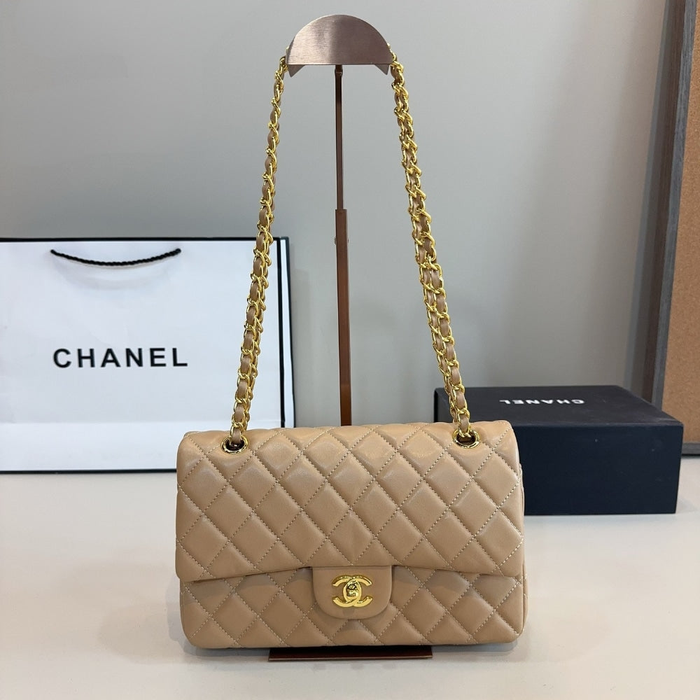 Classic Medium Smooth Leather Double Flap Bag Dark Beige 25Cm Classic Bag