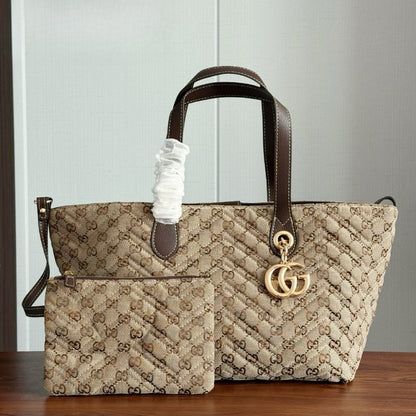 Marmont Medium GG Canvas Tote Bag Sand And Dark Brown 30cm ‎855279 FAF05 9651 MARMONT Bag