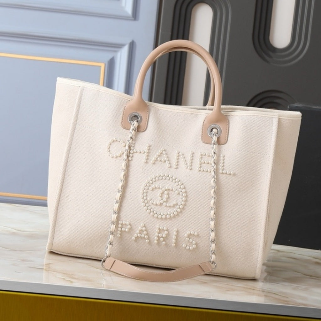 Deauville Medium Canvas Pearl Tote Bag Beige 38cm 22 New Collection Bag Deauville Bag