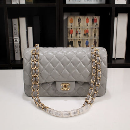 Classic Medium Smooth Leather Double Flap Bag Gray 25Cm Classic Bag