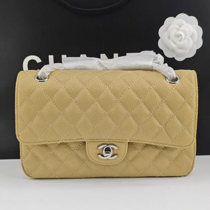 Classic Medium Grained Leather Double Flap Bag Beige 26cm Classic Bag