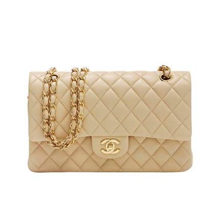 Classic Medium Smooth Leather Double Flap Bag Beige 25cm Classic Bag
