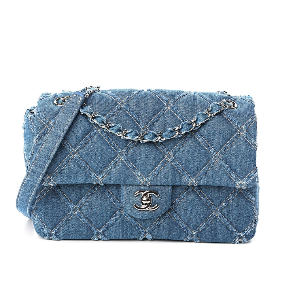 Classic Medium Distressed Denim Flap Bag Blue 25cm Classic Bag