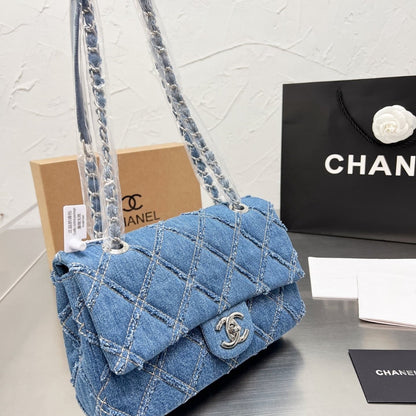 Classic Medium Distressed Denim Flap Bag Blue 25cm 22 New Collection Bag Flap Bag