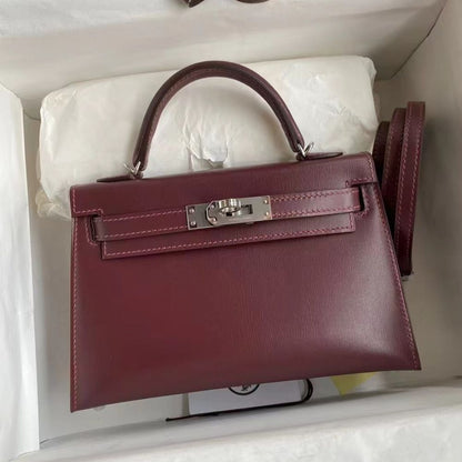 Kelly Leather Silver Tone Hardware Handle Bag Burgundy 19Cm Kelly Bag