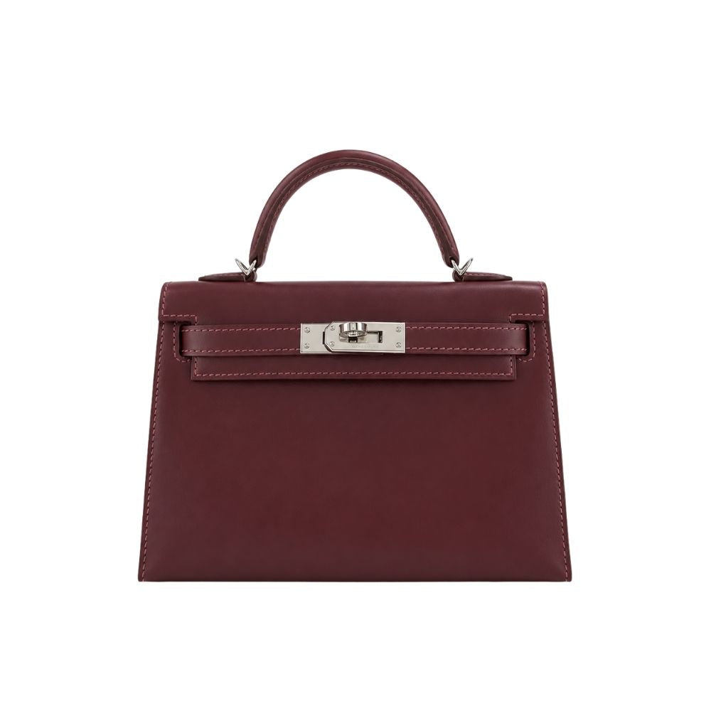 Kelly Leather Silver Tone Hardware Handle Bag Burgundy 19Cm Kelly Bag