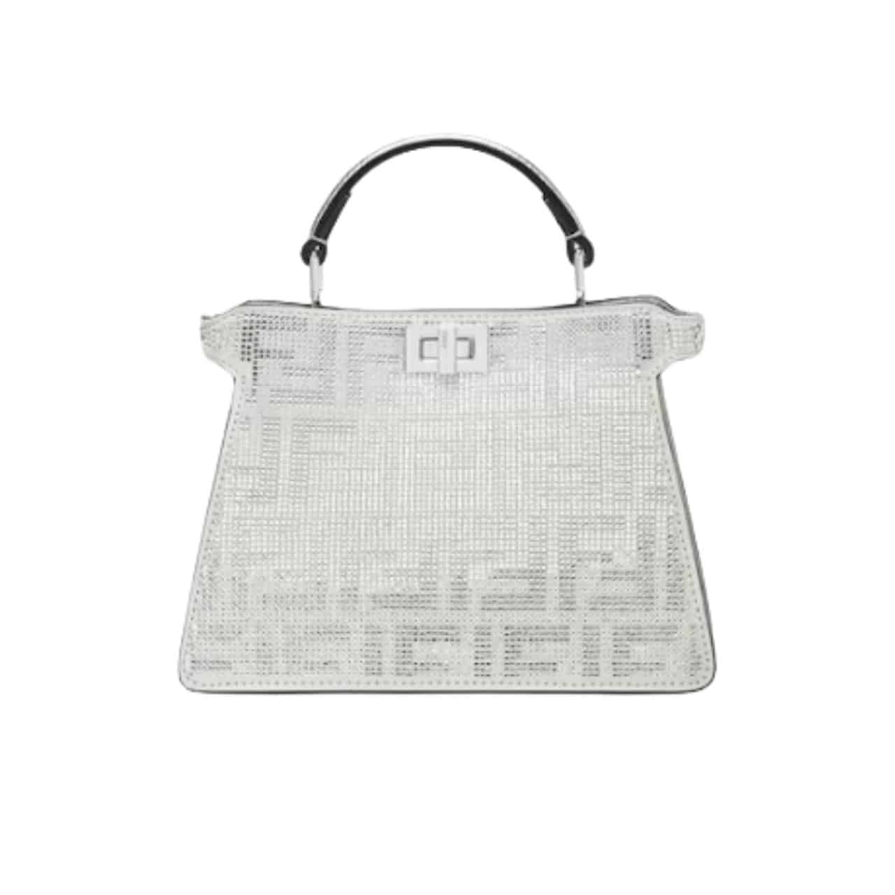 Peekaboo ISeeU Petite Crystal FF Motif Leather Handbag Silver 21Cm 8BN335APKFF1JSU 22 New Collection Bag Peekaboo Bag