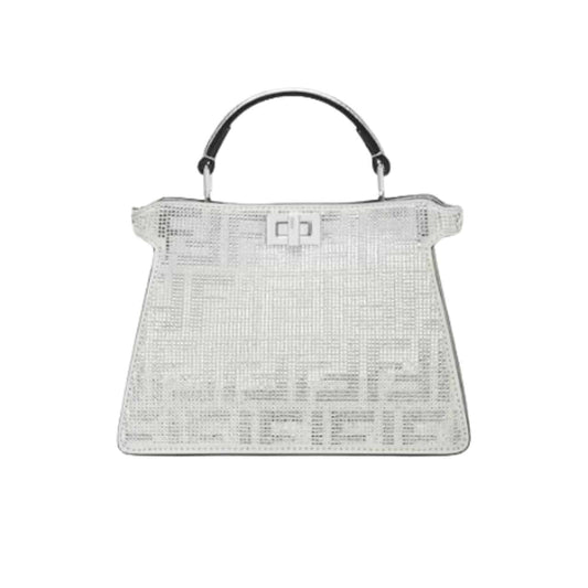 Peekaboo ISeeU Petite Crystal FF Motif Leather Handbag Silver 21Cm 8BN335APKFF1JSU 22 New Collection Bag Peekaboo Bag