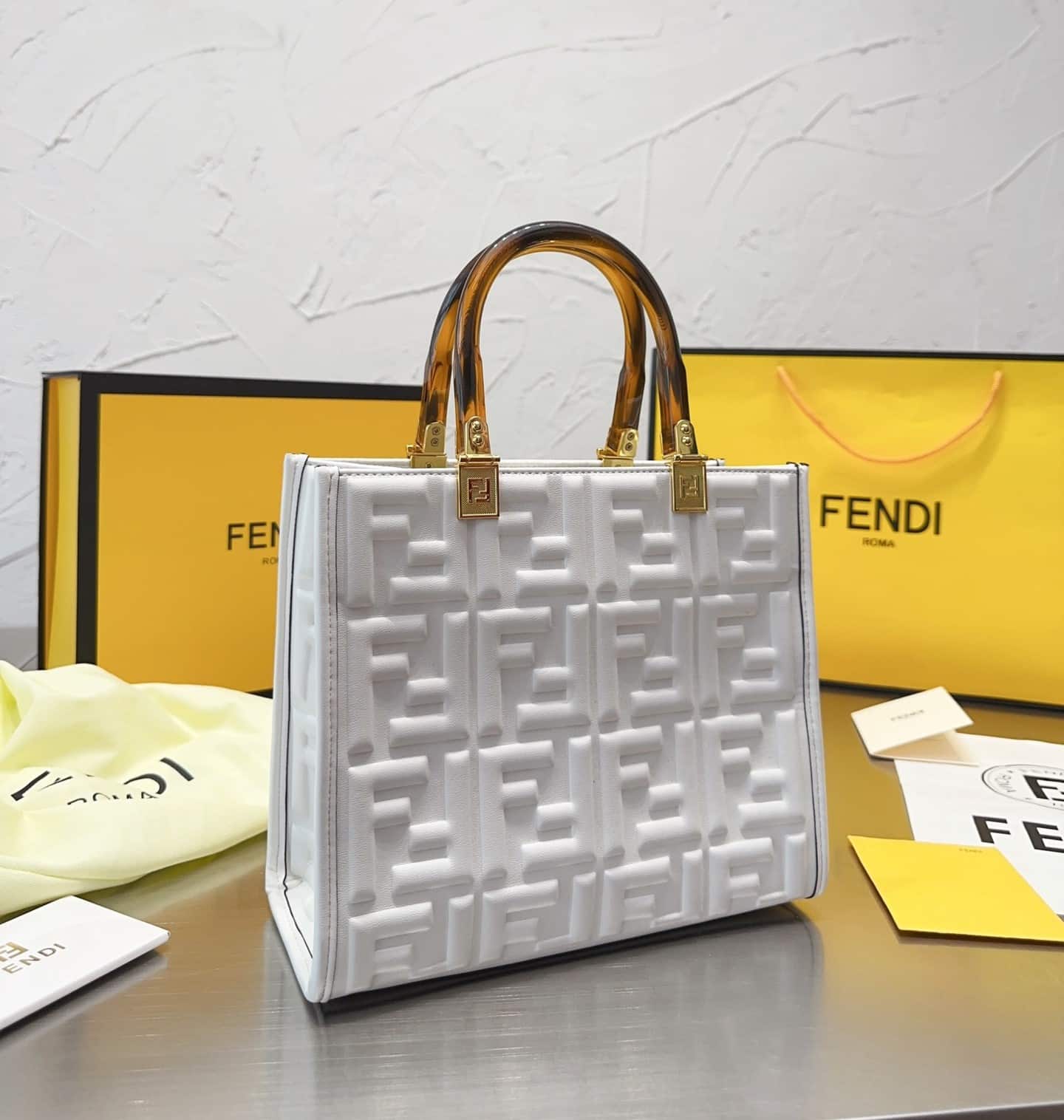 Sunshine Small Shopper FF Embossed Leather Tote Bag White 25Cm 8BH394AMCVF0QVL 22 New Collection Bag Sunshine Bag
