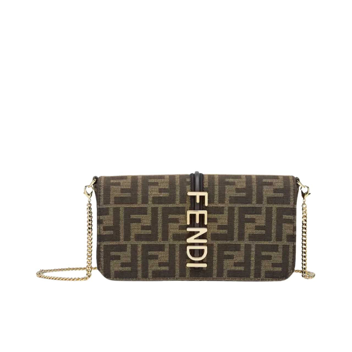 Fendigraphy FF Jacquard Fabric Wallet On Chain Brown 21Cm 8BS076AD23 22 New Collection Bag Fendigraphy Bag