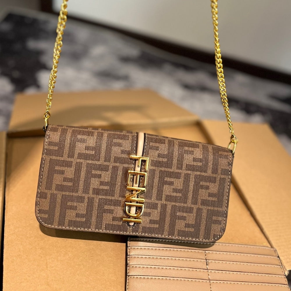 Fendigraphy FF Jacquard Fabric Wallet On Chain Brown 21Cm 8BS076AD23 22 New Collection Bag Fendigraphy Bag