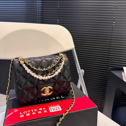 Pearl Mini Smooth Leather Flap Bag Black 17cm 22 New Collection Bag Flap Bag