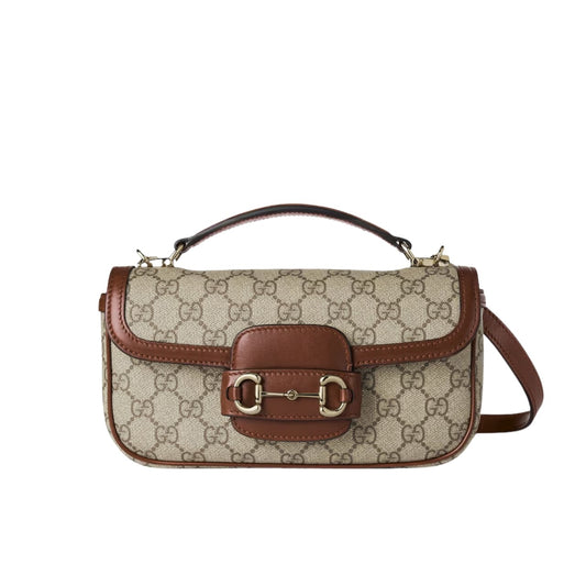 Horsebit 1955 Small GG Monogram Canvas Top Handle Bag Beige And Brown 22Cm Horsebit 1955 Bag