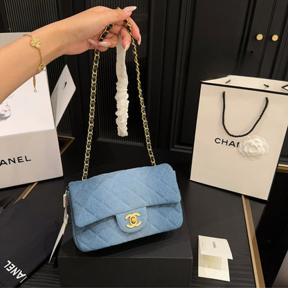 Classic Mini Washed Denim Flap Bag Blue 19cm A01112 B16747 NX158 Classic Bag