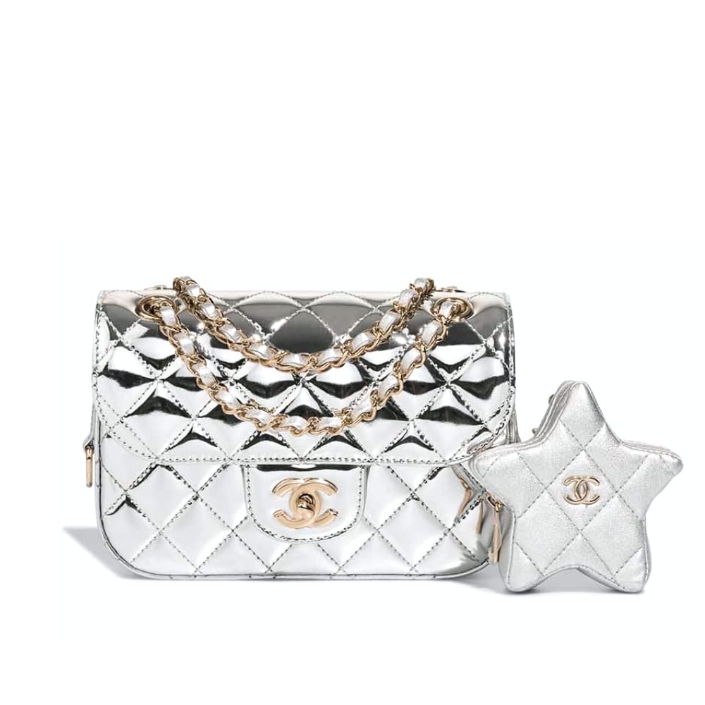 Star Mini Patent Leather Flap Bag With Coin Purse Silver 24Cm AS4648 B14873 NT666 22 New Collection Bag Flap Bag