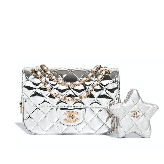 Star Mini Patent Leather Flap Bag With Coin Purse Silver 24Cm AS4648 B14873 NT666 22 New Collection Bag Flap Bag