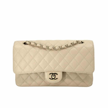 Classic Medium Grained Leather Double Flap Bag Beige 25cm A01113 Y04059 NZG77 Classic Bag