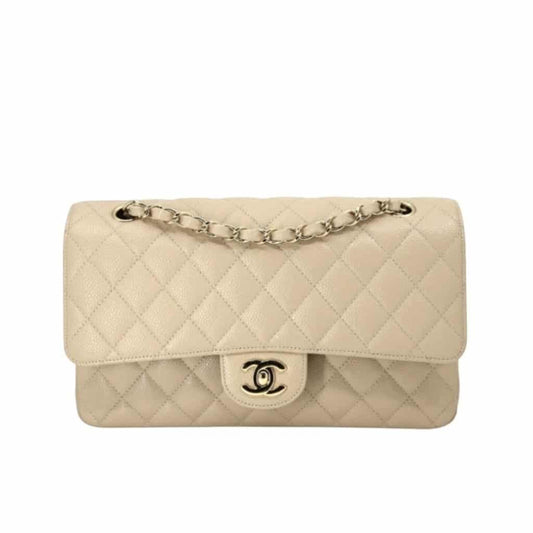 Classic Medium Grained Leather Double Flap Bag Beige 25cm A01113 Y04059 NZG77 Classic Bag