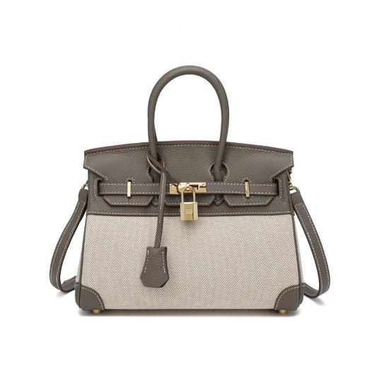 Birkin 25 Two Tone Toile Canvas Gold Hardware Handbag Grey Beige 25Cm Birkin Bag
