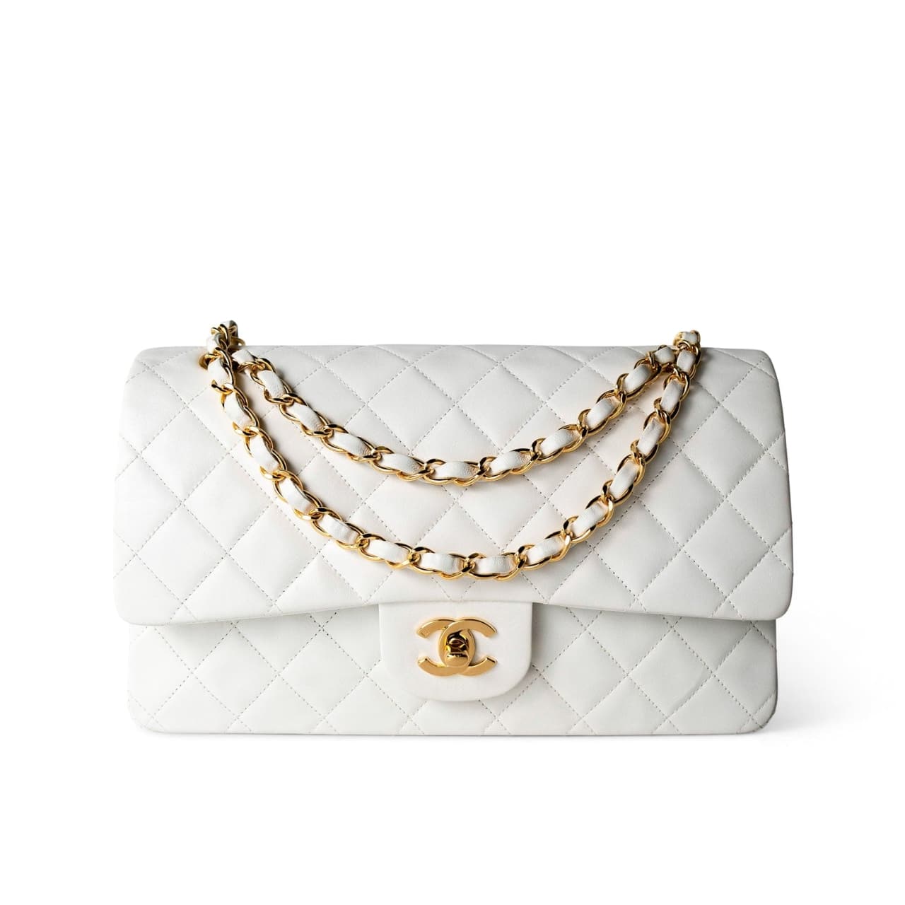 Classic Medium Smooth Leather Double Flap Bag White 25cm A01112 Y33352 10601 22 New Collection Bag Flap Bag