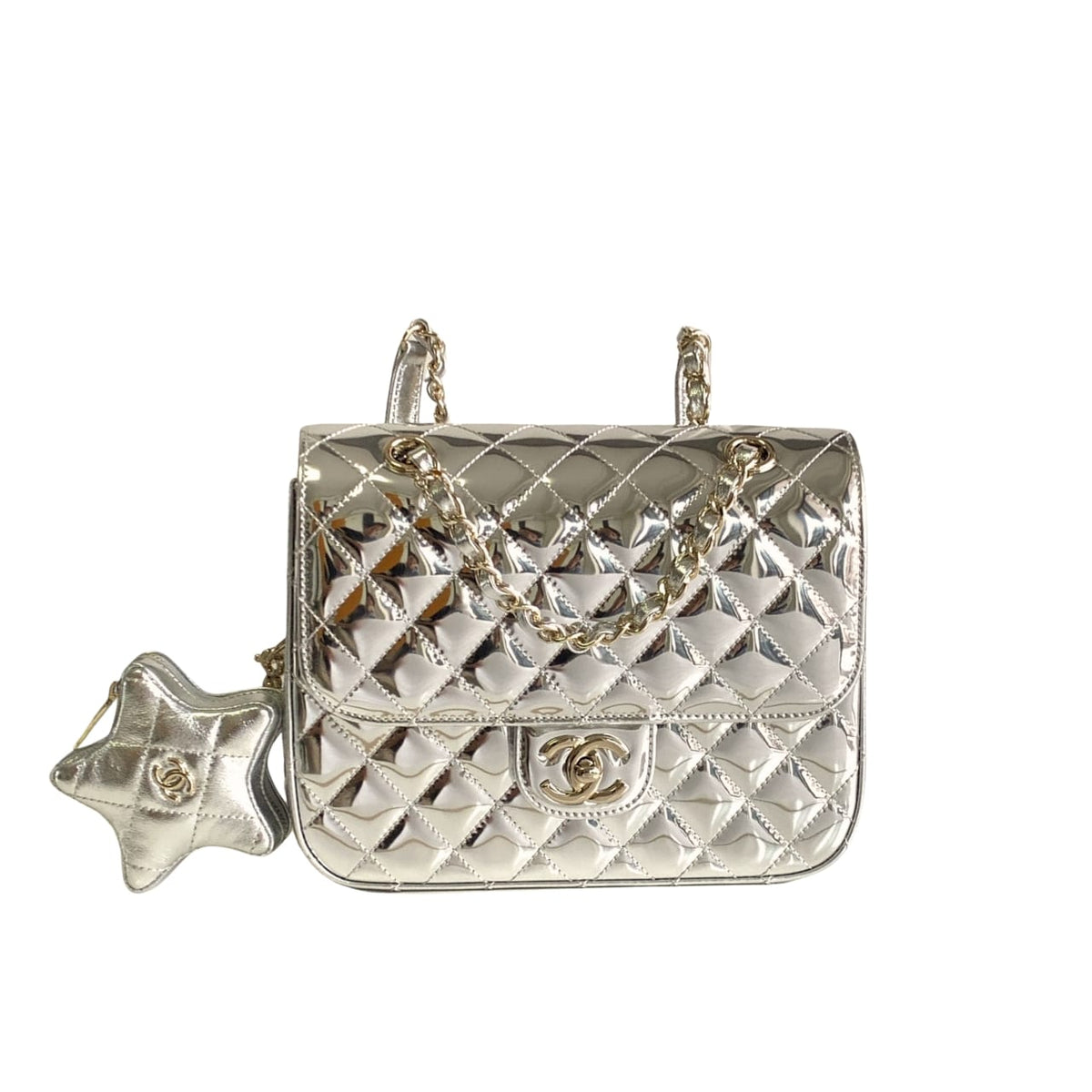 Star Mini Patent Leather Flap Bag Metallic Silver 23cm 22 New Collection Bag Flap Bag