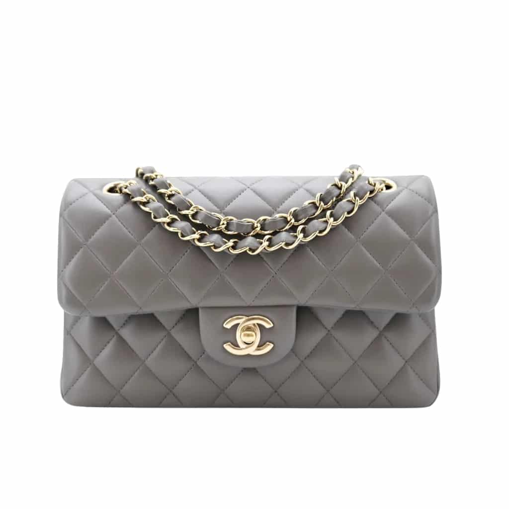 Classic Medium Smooth Leather Double Flap Bag Gray 25Cm Classic Bag