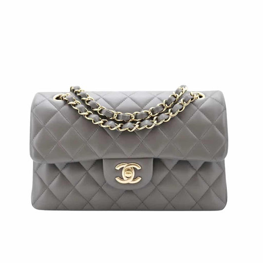 Classic Medium Smooth Leather Double Flap Bag Gray 25Cm Classic Bag