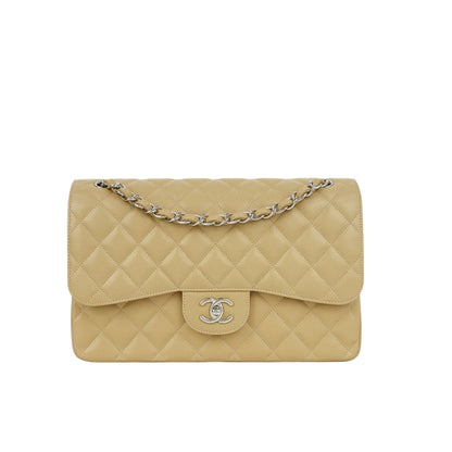 Classic Medium Grained Leather Double Flap Bag Beige 26cm Classic Bag
