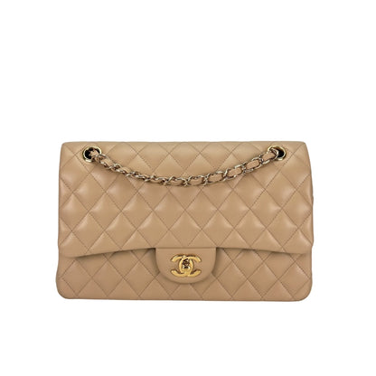 Classic Medium Smooth Leather Double Flap Bag Dark Beige 25Cm Classic Bag