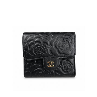 Camellia Small Flap Wallet Embossed Leather Black 11cm 22 New Collection Bag Flap Bag