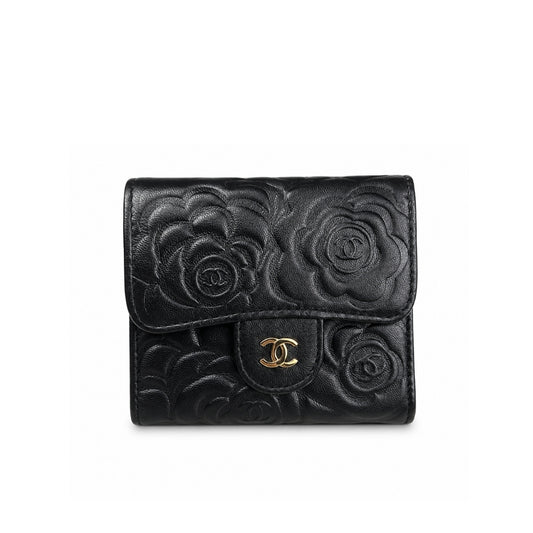 Camellia Small Flap Wallet Embossed Leather Black 11cm 22 New Collection Bag Flap Bag