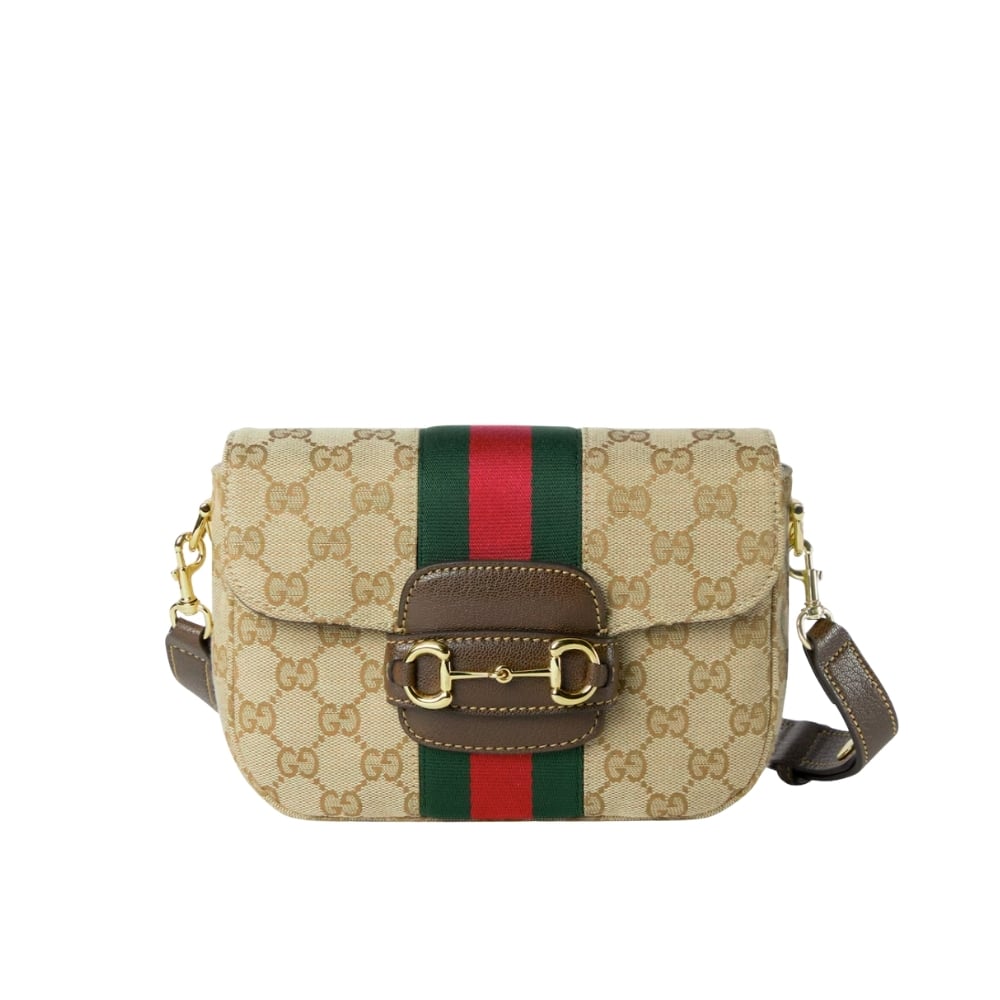 Horsebit 1955 Small GG Canvas Shoulder Bag Sand And Dark Brown 21cm 866762 FAFV9 9653 Horsebit 1955 Bag