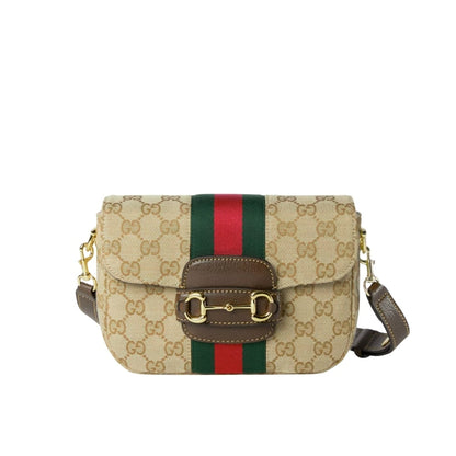 Horsebit 1955 Small GG Canvas Shoulder Bag Sand And Dark Brown 21cm 866762 FAFV9 9653 Horsebit 1955 Bag