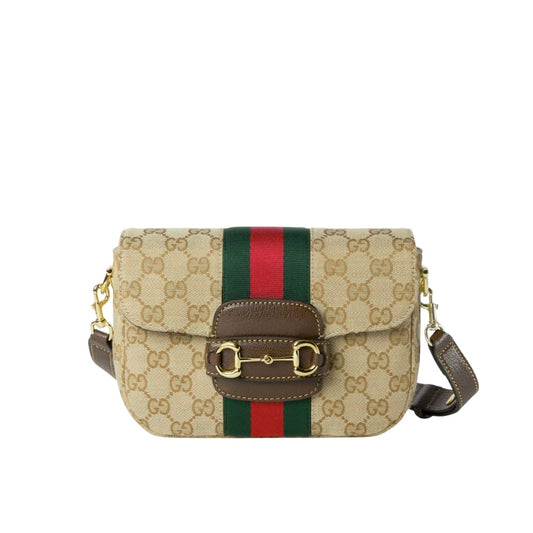 Horsebit 1955 Small GG Canvas Shoulder Bag Sand And Dark Brown 21cm 866762 FAFV9 9653 Horsebit 1955 Bag