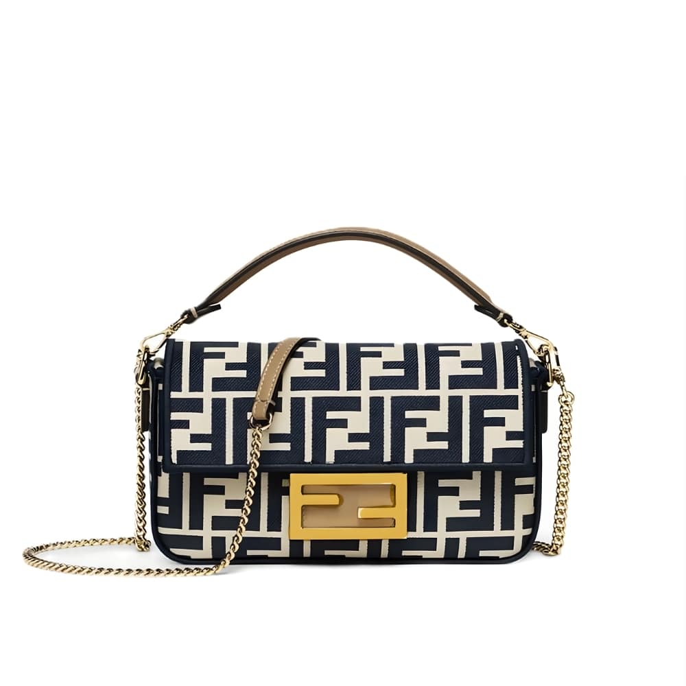 Baguette Mini FF Jacquard Fabric Shoulder Bag Navy Blue 21Cm 22 New Collection Bag Baguette Bag