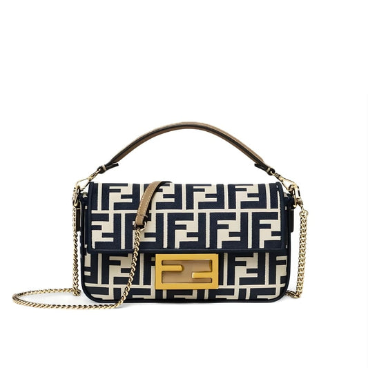 Baguette Mini FF Jacquard Fabric Shoulder Bag Navy Blue 21Cm 22 New Collection Bag Baguette Bag