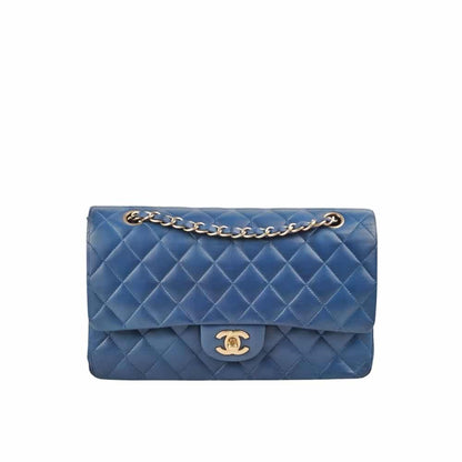 Classic Medium Smooth Leather Double Flap Bag Navy Blue 25cm Classic Bag