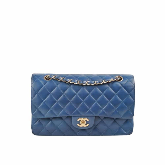 Classic Medium Smooth Leather Double Flap Bag Navy Blue 25cm Classic Bag
