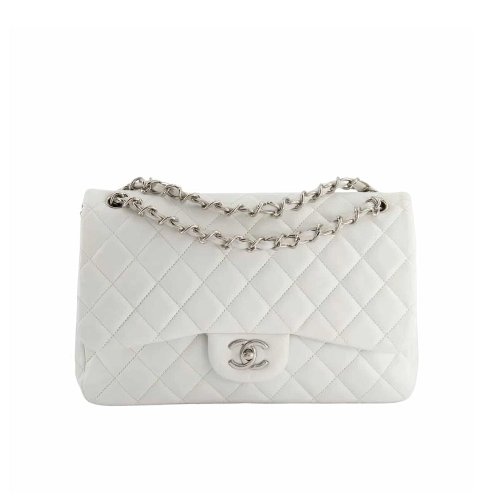 Classic Medium Smooth Leather Double Flap Bag White 25cm Classic Bag