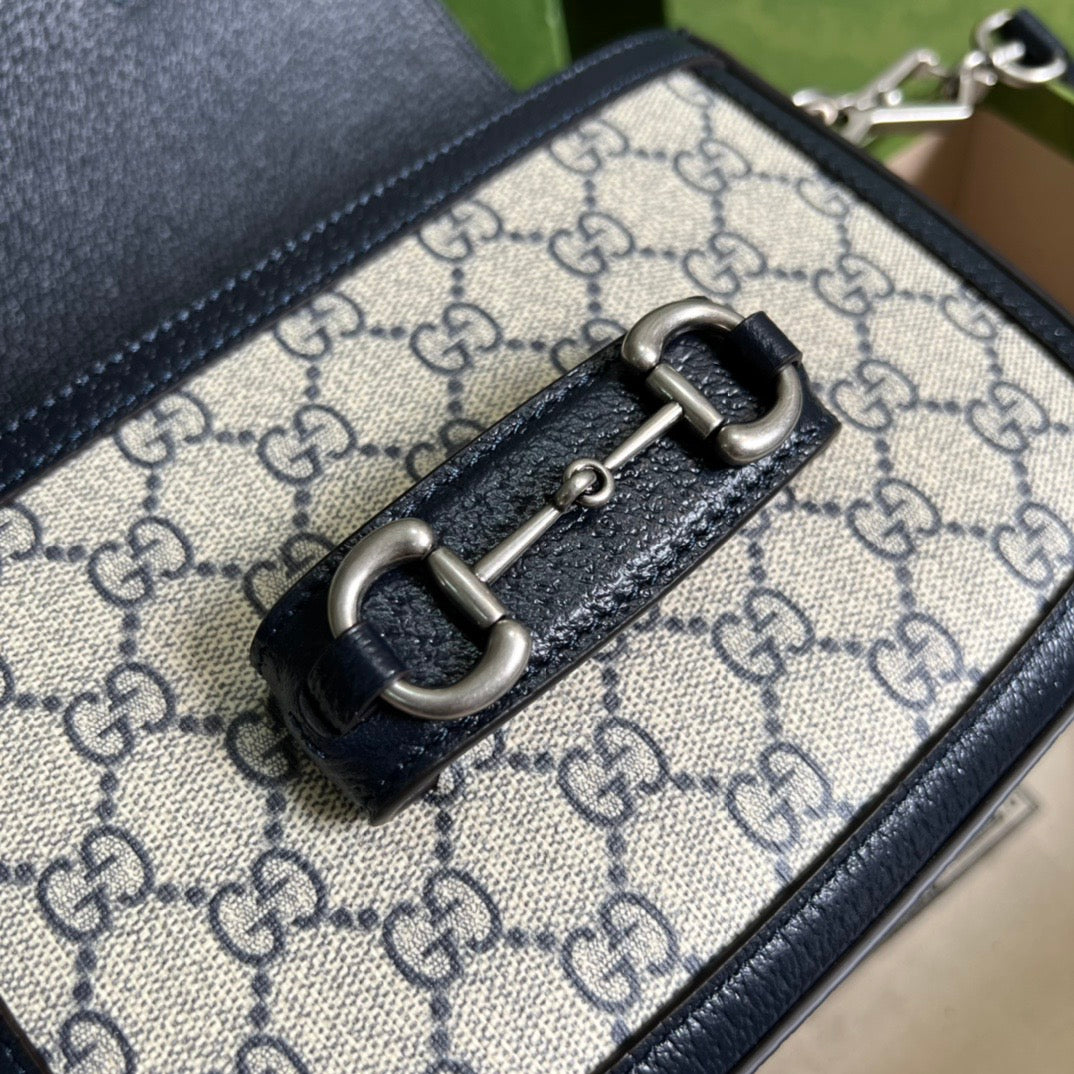 Horsebit 1955 Small GG Supreme Canvas Shoulder Bag Navy Blue 20cm 658574 96IWN 4076 Horsebit 1955 Bag