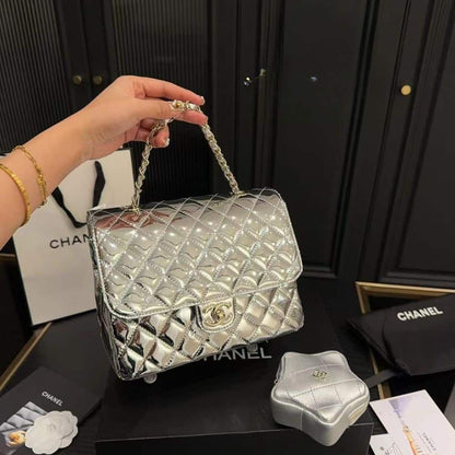 Star Mini Patent Leather Flap Bag Metallic Silver 23cm 22 New Collection Bag Flap Bag