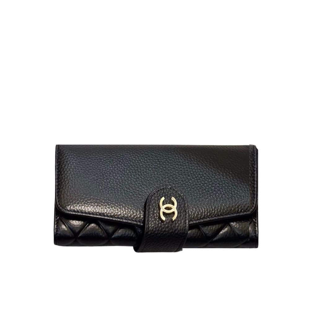 Long Flap Wallet Grained Leather Black 19cm Classic Bag