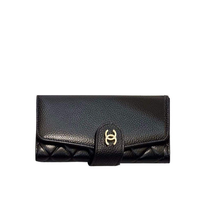 Long Flap Wallet Grained Leather Black 19cm Classic Bag